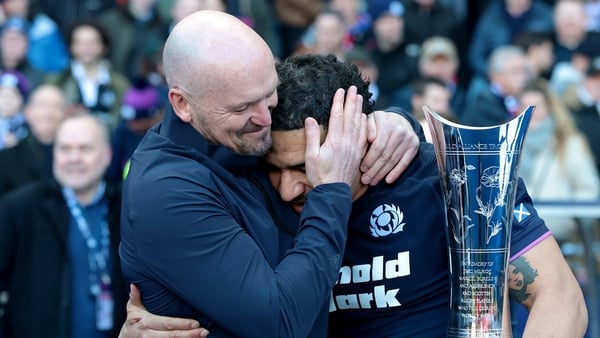 EDINBURGH, SCOTLAND - MARCH 07: Gregor Townsend, Head Coach of Scotland, celebrates victory with Sione Tuipulotu of Scotland as he carries the The Auld Alliance Trophy after the Guinness Six Nations 2026 match between Scotland and France at Scottish Gas M