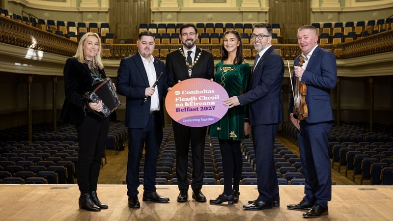 Bronagh McClean, Ards CCÉ; Darren Leighton from Belfast Bands Forum, Deputy Lord Mayor of Belfast, Councillor Paul Doherty, Olivia Reid from Ards CCÉ, Brendan McAleer from Comhaltas Ceoltóirí Éireann and Niall McClean, Ards CCÉ.