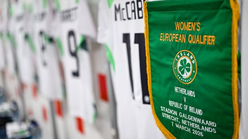 The Republic of Ireland matchday pennant in their dressing room before the 2027 FIFA Women’s World Cup Qualifier match between the Netherlands and Republic of Ireland at Stadion Galgenwaard in Utrecht, Netherlands.