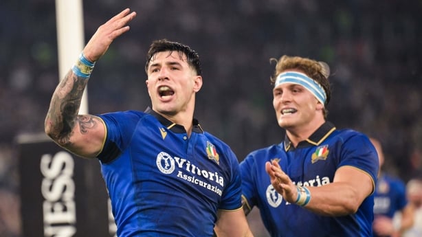 ROME, ITALY - MARCH 07: Tommaso Menoncello of Italy celebrates after scoring try during the Guinness Six Nations 2026 match between Italy and England at Stadio Olimpico on March 07, 2026 in Rome, Italy. (Photo by Silvia Lore/Federugby via Getty Images)
