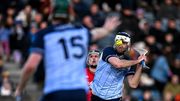 Paddy Dunleavy of Dublin scores goal against Down in 2026 Allianz Hurling League