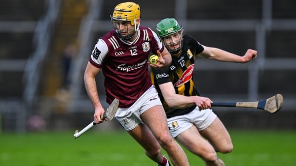 Tiernan Killeen of Galway in action against Luke Connellan of Kilkenny during the Allianz Hurling League game - March 2026