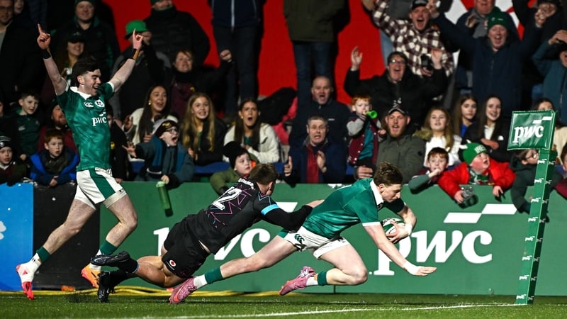 Daniel Ryan of Ireland scores his side's sixth try during the U20 Six Nations Rugby Championship match between Ireland and Wales at Virgin Media Park in Cork. Photo by Seb Daly/Sportsfile
