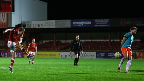Alex Nolan of Sligo Rovers shoots to score his side's second goal during the SSE Airtricity Men's Premier Division match between Sligo Rovers and Drogheda United at The Showgrounds in Sligo. Photo by Paul Phelan/Sportsfile