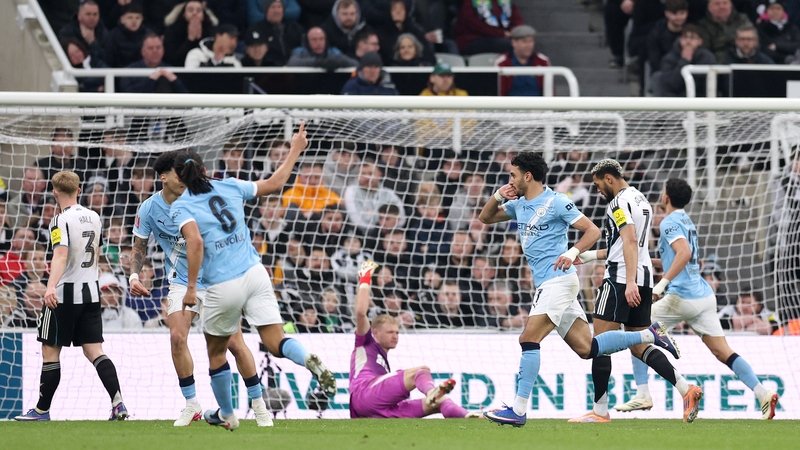 Omar Marmoush of Manchester City celebrates scoring his team's third goal during the Emirates FA Cup Fifth Round match between Newcastle United and Manchester City at St. James' Park on March 07, 2026 in Newcastle upon Tyne, England. (Photo by Alex Livese