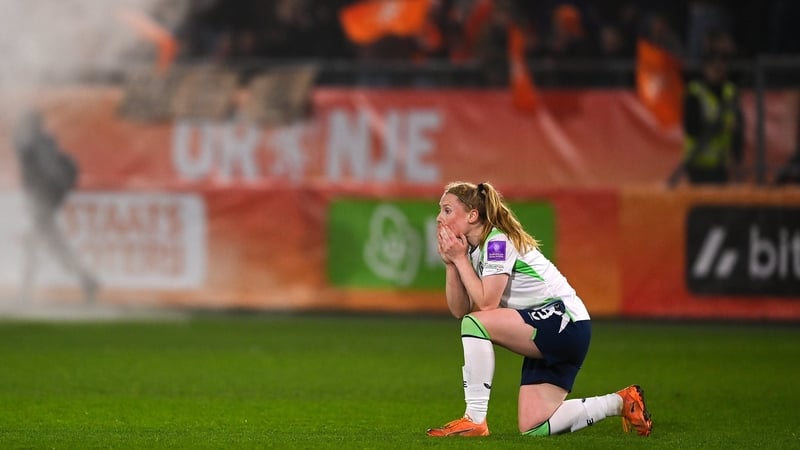 Amber Barrett of Republic of Ireland reacts during the 2027 FIFA Women’s World Cup Qualifier match between the Netherlands and Republic of Ireland at Stadion Galgenwaard in Utrecht, Netherlands