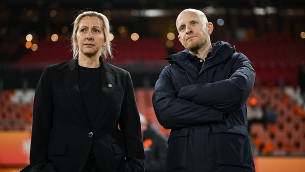 7 March 2026; Republic of Ireland head coach Carla Ward, left, and Netherland's head coach Arjan Veurink before the 2027 FIFA Women’s World Cup Qualifier match between the Netherlands and Republic of Ireland at Stadion Galgenwaard in Utrecht, Netherlands.