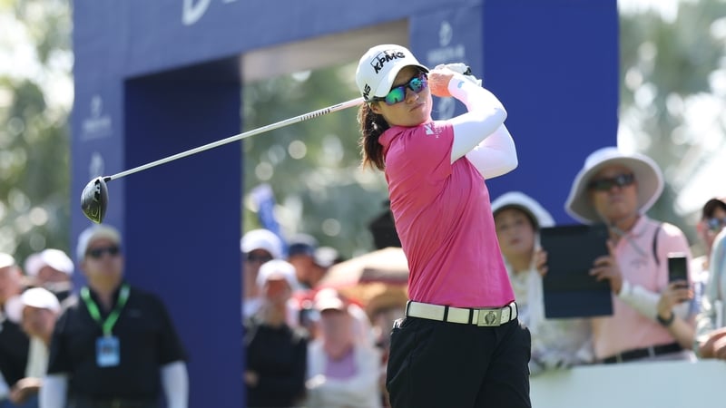 HAINAN ISLAND, CHINA - MARCH 08: Leona Maguire of Ireland a tee shot on 1st hole during the final round of the Blue Bay LPGA 2026 at Jian Lake Blue Bay Golf Course on March 08, 2026 in Hainan Island, China. (Photo by Zhe Ji/Getty Images)