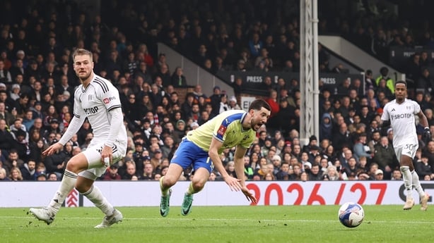 LONDON, ENGLAND - MARCH 8: Joachim Andersen of Fulham fouls Finn Azaz of Southampton to give away a penalty during the Emirates FA Cup Fifth Round match between Fulham and Southampton on March 8, 2026 in London, England. (Photo by Jacques Feeney/Offside/Offside via Getty Images)