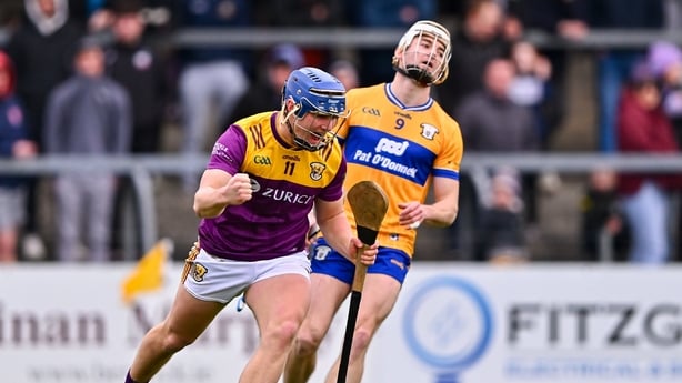 8 March 2026; Simon Roche of Wexford celebrates scoring his side's first goal during the Allianz Hurling League Division 1B match between Clare and Wexford at Zimmer Biomet Páirc Chíosóg in Ennis, Clare. Photo by Piaras Ó Mídheach/Sportsfile