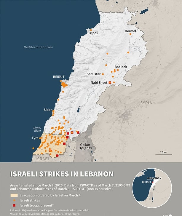Infographic with a map of Lebanon showing the areas bombed by Israel since 2 March