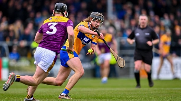8 March 2026; Diarmuid Stritch of Clare in action against Conor Foley of Wexford during the Allianz Hurling League Division 1B match between Clare and Wexford at Zimmer Biomet Páirc Chíosóg in Ennis, Clare. Photo by Piaras Ó Mídheach/Sportsfile