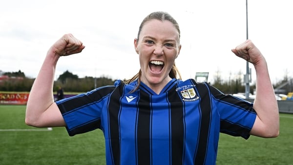 Dana Scheriff of Athlone Town celebrates after her side's victory in the 2026 Women's President's Cup final match between Athlone Town and Shelbourne at Athlone Town Stadium in Westmeath. Photo by Seb Daly/Sportsfile