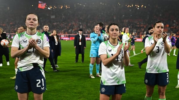 7 March 2026; Republic of Ireland players, from left, Emily Murphy, Marissa Sheva and Chloe Mustaki after the 2027 FIFA Women’s World Cup Qualifier match between the Netherlands and Republic of Ireland at Stadion Galgenwaard in Utrecht, Netherlands. Photo
