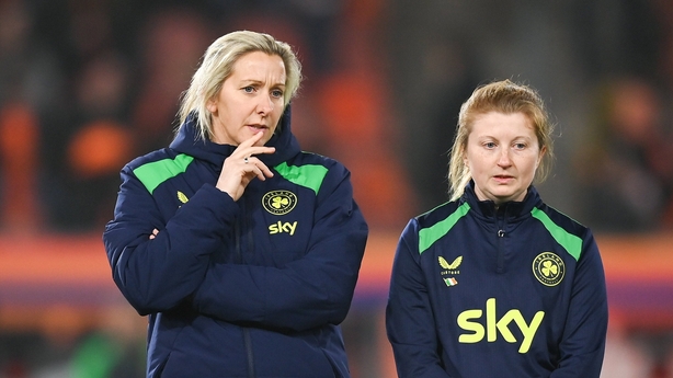 7 March 2026; Republic of Ireland head coach Carla Ward and performance coach Holly Pickett, right, before the 2027 FIFA Women's World Cup Qualifier match between the Netherlands and Republic of Ireland at Stadion Galgenwaard in Utrecht, Netherlands. Photo by Stephen McCarthy/Sportsfile