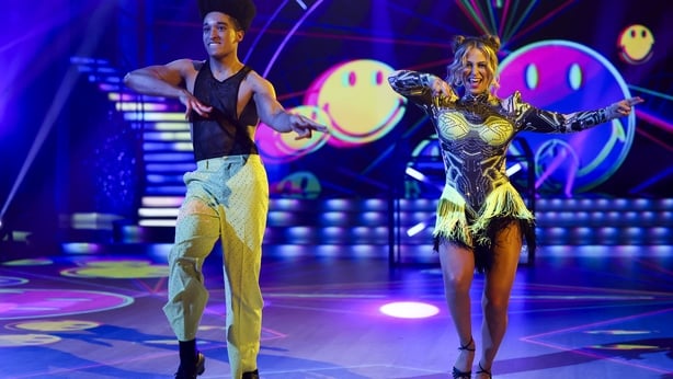 The Apprentice's Jordan Dargan with Pro Dancer Rebecca Scott during the live show of RTE's Dancing With The Stars.Pic:Kyran O'Brien /kobpixNO FEE FOR REPRO During show run++++++FEE applies to Photographs used after Show run finishes.++++++++++