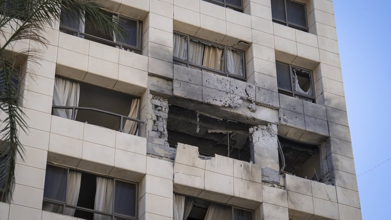 Exterior view of the Ramada hotel apartments that were hit in an attack in which, according to Lebanon’s Health Ministry, four people were killed on March 8, 2026 in Beirut, Lebanon