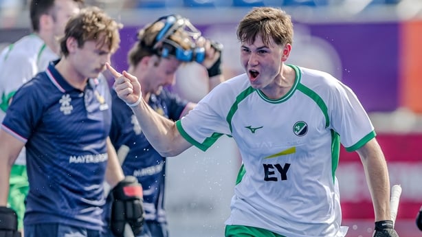 Gregory Williams after scoring first goal for Ireland against France in 2026 FIH Hockey World Cup qualifying final