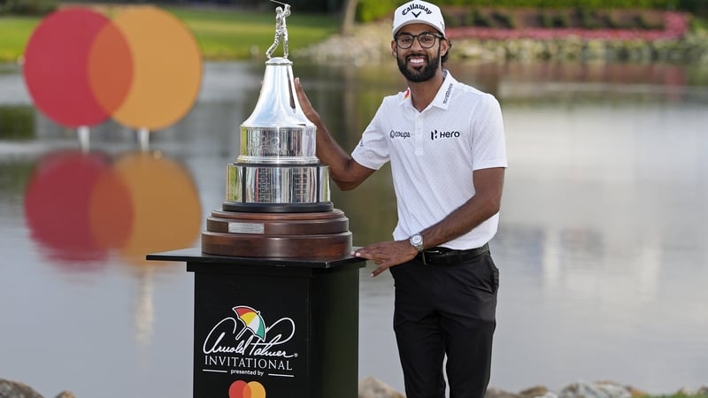 Akshay Bhatia of United States of America holds the trophy after winning in a playoff at the 18th hole during the final round of the Arnold Palmer Invitational presented by Mastercard 2026 at Arnold Palmer Bay Hill Golf Course on March 08, 2026 in Orlando
