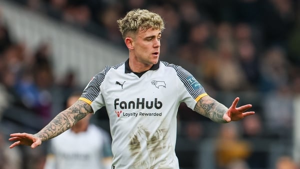 Sammie Szmodics of Derby County looks around as he checks his space during the Sky Bet Championship match between Derby County and Sheffield Wednesday at Pride Park in Derby, England, on March 7, 2026.