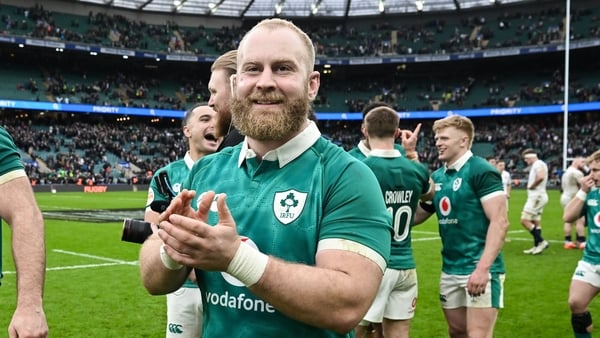 London , United Kingdom - 21 February 2026; Jeremy Loughman of Ireland applauds supporters after the Guinness 6 Nations Rugby Championship match between England and Ireland at the Allianz Stadium in Twickenham, England. (Photo By Brendan Moran/Sportsfile