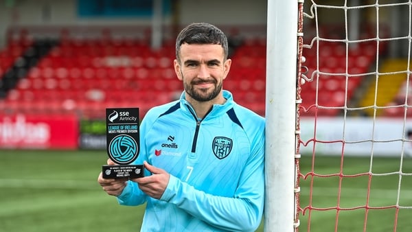 *** EMBARGO - STRICTLY NOT FOR PUBLICATION UNTIL 00:01 on 10 March 2026 *** 9 March 2026; Michael Duffy of Derry City poses for a portrait with his SSE Airtricity / SWI Player of the Month Award for February 2026 at the Ryan McBride Brandywell Stadium in