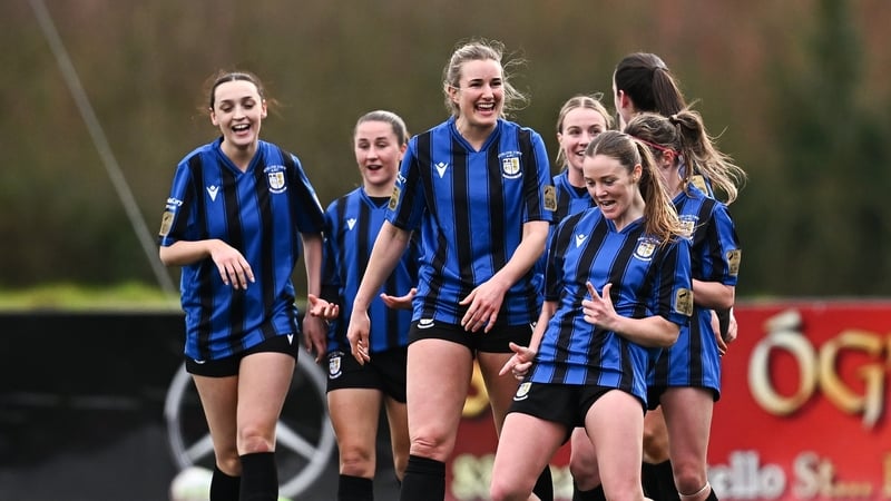 Dana Scheriff of Athlone Town, front, celebrates after scoring her side's first goal during the 2026 Women's President's Cup final match between Athlone Town and Shelbourne at Athlone Town Stadium in Westmeath.