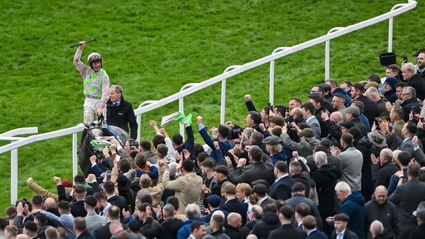12 March 2024; Jockey Paul Townend celebrates aboard Lossiemouth after winning the Close Brothers Mares' Hurdle on day one of the Cheltenham Racing Festival at Prestbury Park in Cheltenham, England. Photo by David Fitzgerald/Sportsfile