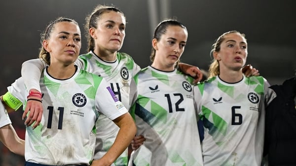 Republic of Ireland players, from left, Saoirse Noonan, Marissa Sheva, Katie McCabe, Caitlin Hayes, Anna Patten and Megan Connolly after the 2027 FIFA Women’s World Cup Qualifier match between the Netherlands and Republic of Ireland at Stadion Galgenwaard