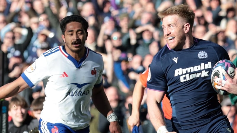 EDINBURGH, SCOTLAND - MARCH 07: Kyle Steyn of Scotland runs with the ball to go on and scores his team's fifth try during the Guinness Six Nations 2026 match between Scotland and France at Scottish Gas Murrayfield on March 07, 2026 in Edinburgh, Scotland.
