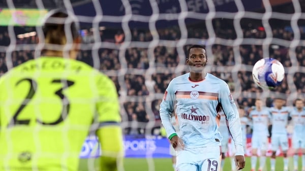 LONDON, ENGLAND - MARCH 9: Dango Ouattara of Brentford chips his kick during the penalty shootout straight at West Ham United goalkeeper Alphonse Areola during the Emirates FA Cup Fifth Round match between West Ham United and Brentford on March 9, 2026 in