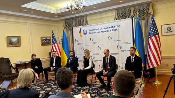 Ukrainian ambassador to the United States Olha Stefanishyna speaking at the Ukrainian embassy in Washington DC
