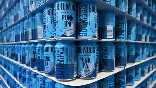 ELLON, SCOTLAND - APRIL 03: Stacks of BrewDog beer cans at their brewery on April 03, 2020 in Ellon, Scotland. Scotland based brewery BrewDog have adapted their production to develop and produce hand sanitizer to donate to various charities across the UK
