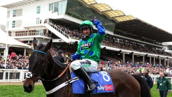 Cheltenham , United Kingdom - 10 March 2026: Jockey Nico de Boinville celebrates on Old Black Star after winning the Sky Bet Supreme Novices' Hurdle on day one of the 2026 Cheltenham Racing Festival at Prestbury Park in Cheltenham, England. (Photo By Harr