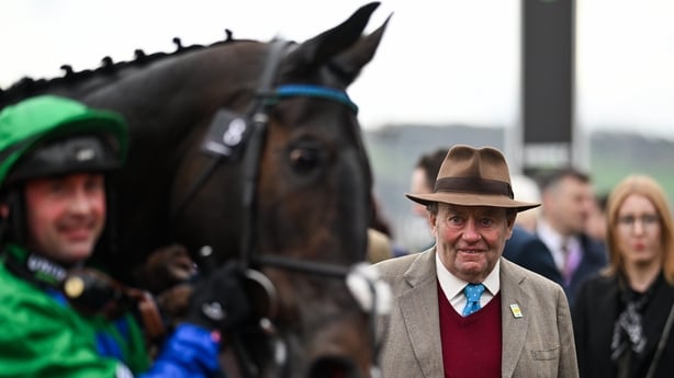 10 March 2026: Winning trainer Nicky Henderson looks on as jockey Nico de Boinville celebrates with Old Black Star after winning the Sky Bet Supreme Novices' Hurdle on day one of the 2026 Cheltenham Racing Festival at Prestbury Park in Cheltenham, England. Photo by David Fitzgerald/Sportsfile