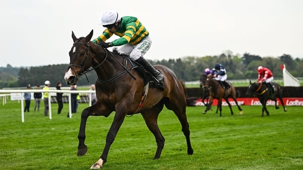 1 May 2025; Majborough, with Mark Walsh up, on their way to winning the Barberstown Castle Novice Steeplechase during day three of the Punchestown Festival at Punchestown Racecourse in Kildare. Photo by Seb Daly/Sportsfile