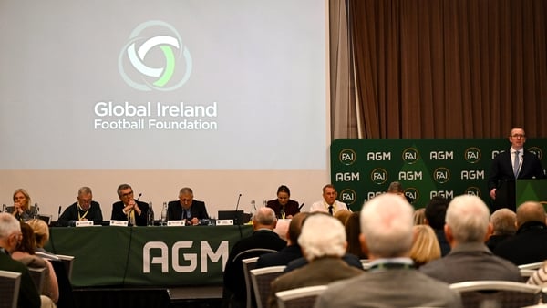 FAI chief executive officer David Courell speaks on the Global Ireland Football Foundation during the 2025 annual general meeting of the Football Association of Ireland at the Carlton Hotel in Blanchardstown, Dublin.