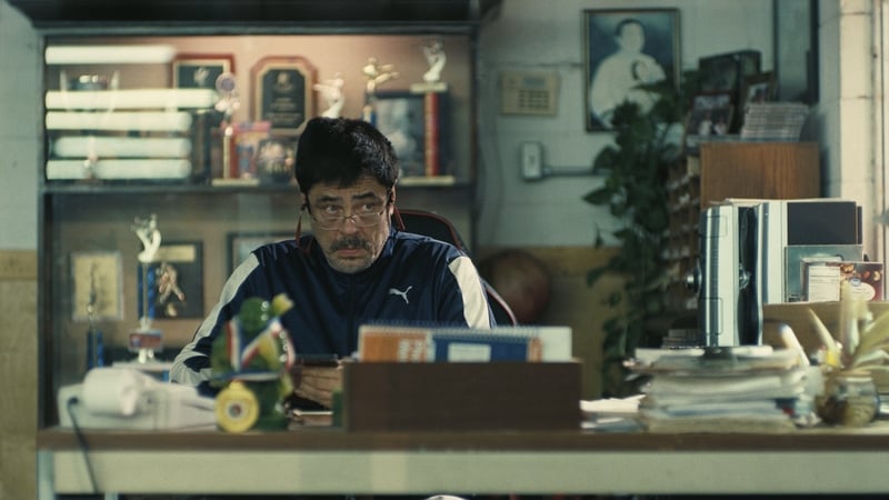 Benicio del Toro as Sergio St Carlos in his dojo in One Battle After Another