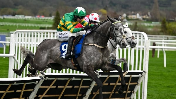 Cheltenham , United Kingdom - 10 March 2026: Saratoga, with Mark Walsh up, jump the last on their way to winning the McCoy Contractors Juvenile Handicap Hurdle on day one of the 2026 Cheltenham Racing Festival at Prestbury Park in Cheltenham, England. (Ph