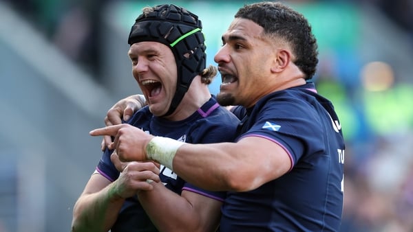 EDINBURGH, SCOTLAND - MARCH 07: Darcy Graham of Scotland celebrates scoring his team's sixth try with teammate Sione Tuipulotu during the Guinness Six Nations 2026 match between Scotland and France at Scottish Gas Murrayfield on March 07, 2026 in Edinburg