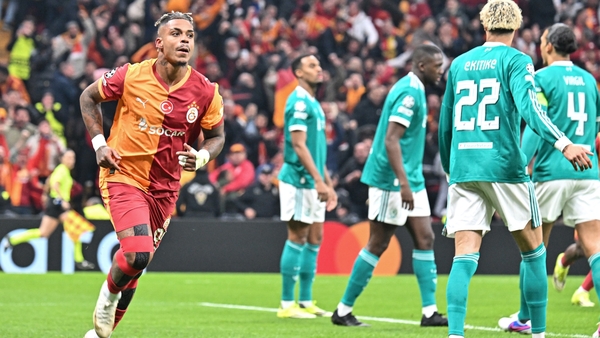 Mario Lemina (L) of Galatasaray celebrates after scoring during the UEFA Champions League round of 16 play-off first leg match between Galatasaray and Liverpool at RAMS Park in Istanbul, Turkiye, on March 10, 2026.