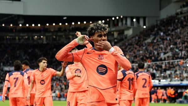NEWCASTLE UPON TYNE, ENGLAND - MARCH 10: Lamine Yamal of FC Barcelona celebrates scoring his team's first goal during the UEFA Champions League 2025/26 Round of 16 First Leg match between Newcastle United FC and FC Barcelona at St James' Park on March 10,