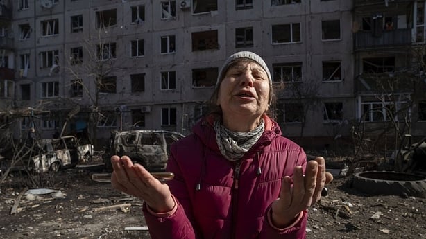Consequences of the destruction caused by airstrikes in a residential area of ââthe city center of Sloviansk, Ukraine