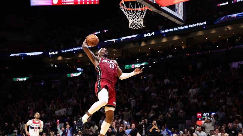 Bam Adebayo #13 of the Miami Heat dunks the ball against the Washington Wizards during the third quarter of the game at Kaseya Center on March 10, 2026 in Miami, Florida. NOTE TO USER: User expressly acknowledges and agrees that, by downloading and or usi