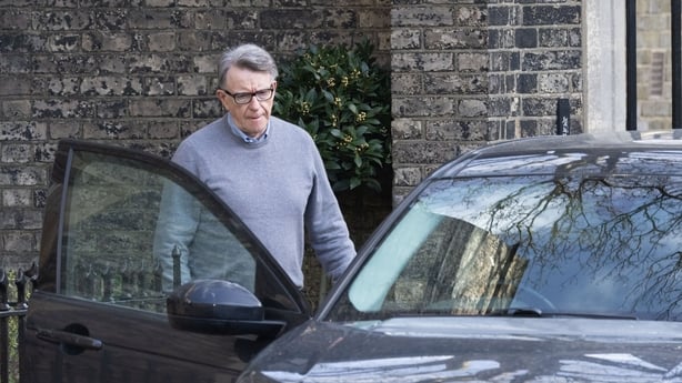 Peter Mandelson leaving his home in north London this morning 