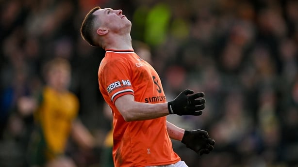22 February 2026; Oisín Conaty of Armagh reacts after a missed chance during the Allianz Football League Division 1 match between Armagh and Donegal at BOX-IT Athletic Grounds in Armagh. Photo by Ramsey Cardy/Sportsfile