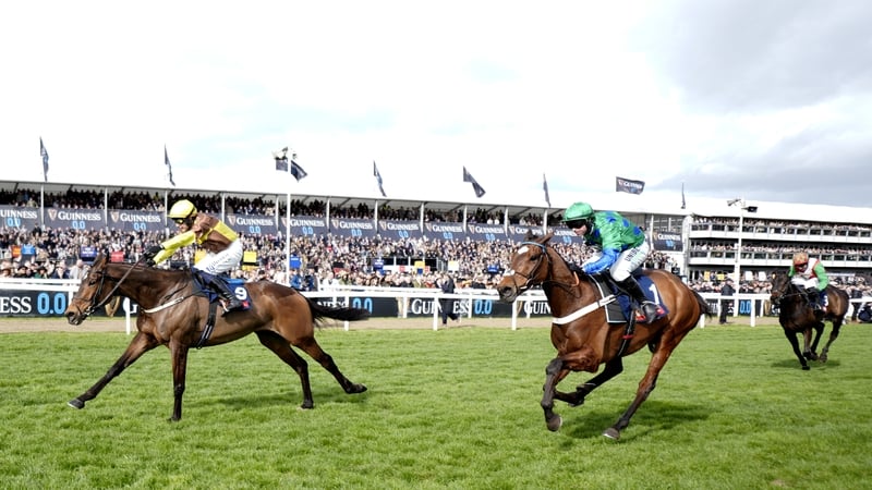 CHELTENHAM, ENGLAND - MARCH 11: Paul Townend riding King Rasko Grey (yellow/brown) clear the last to win The Turners Novices' Hurdle during Ladies Day at Cheltenham Racecourse on March 11, 2026 in Cheltenham, England. (Photo by Alan Crowhurst/Getty Images
