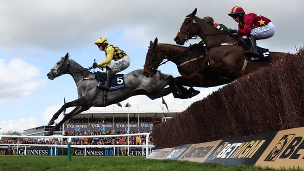 Cheltenham , United Kingdom - 11 March 2026: Kitzbuhel, with Harry Cobden up, jumps the last first time round on the way to winning the Brown Advisory Novices' Chase on day two of the 2026 Cheltenham Racing Festival at Prestbury Park in Cheltenham, Englan
