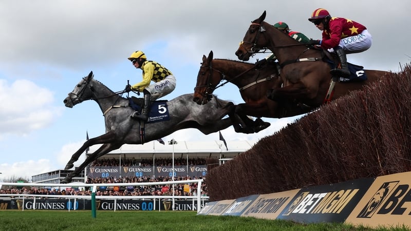 Cheltenham , United Kingdom - 11 March 2026: Kitzbuhel, with Harry Cobden up, jumps the last first time round on the way to winning the Brown Advisory Novices' Chase on day two of the 2026 Cheltenham Racing Festival at Prestbury Park in Cheltenham, Englan