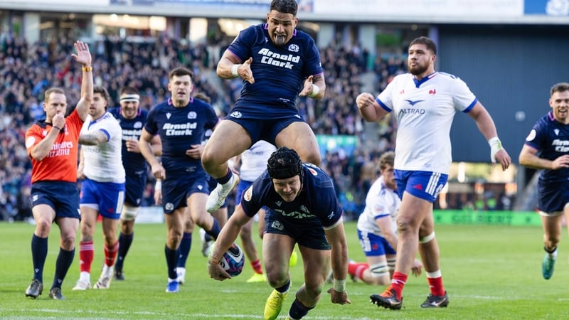 EDINBURGH, SCOTLAND - MARCH 07: Scotland's Darcy Graham (centre) celebrates scoring his side's sixth try during a Guinness Six Nations match between Scotland and France at Scottish Gas Murrayfield, on March 07, 2026, in Edinburgh, Scotland. (Photo by Ross